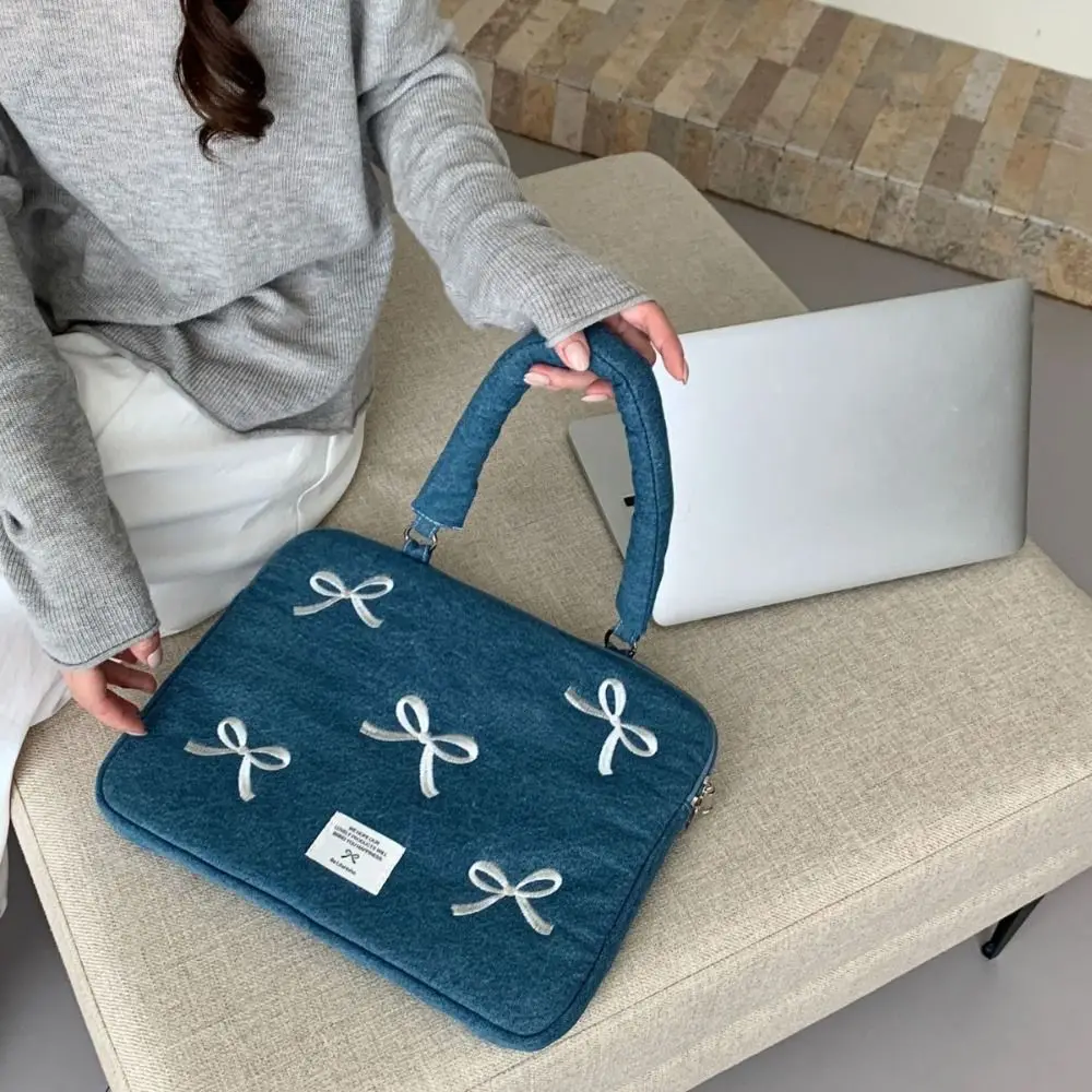 Washed Denim Bow Business Briefcases Embroidered Love Heart Document Tote Bolsas Handbag Large Capacity Laptop Sleeve Case Bag