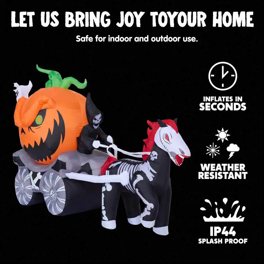 Joyfy 8 Ft Long Halloween Inflatable Carriage With Build-In LED Lights, Blow Up Grim Reapers Driving Pumpkin Carriage For Outdoo