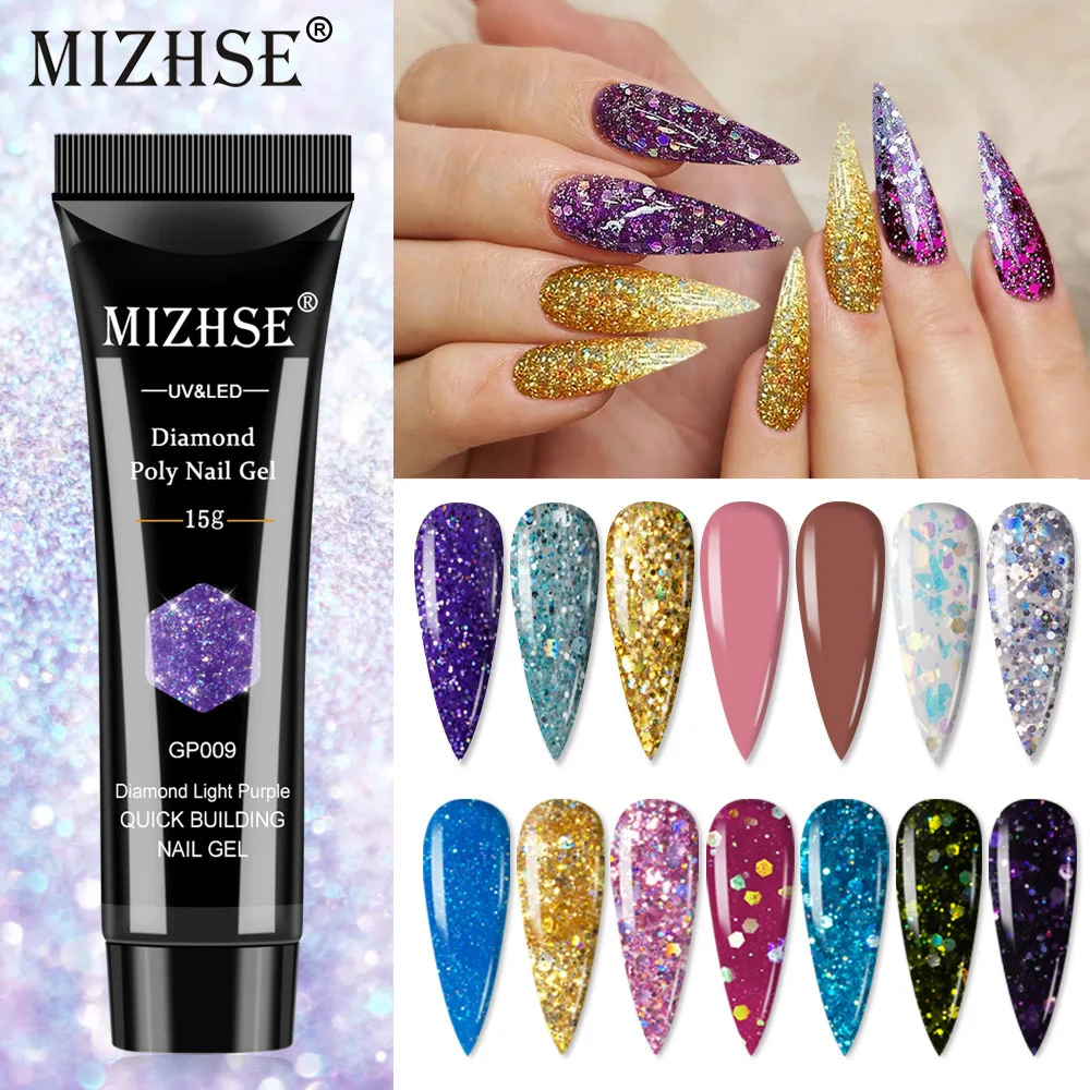 

MIZHSE 15ML Glitter Poly Nail Gel Diamond Extension Gel Shiny Poly UV Gel Set Quick Building Acrylic UV Extension Gel Nail Art