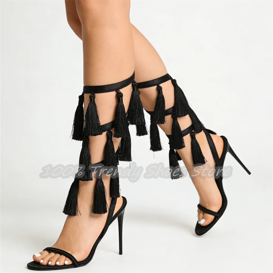 

Модные женские сандалии-гладиаторы с кисточками и перекрестными ремешками, на высоком каблуке, с открытым носком, на шнуровке, летние ботильоны до колена