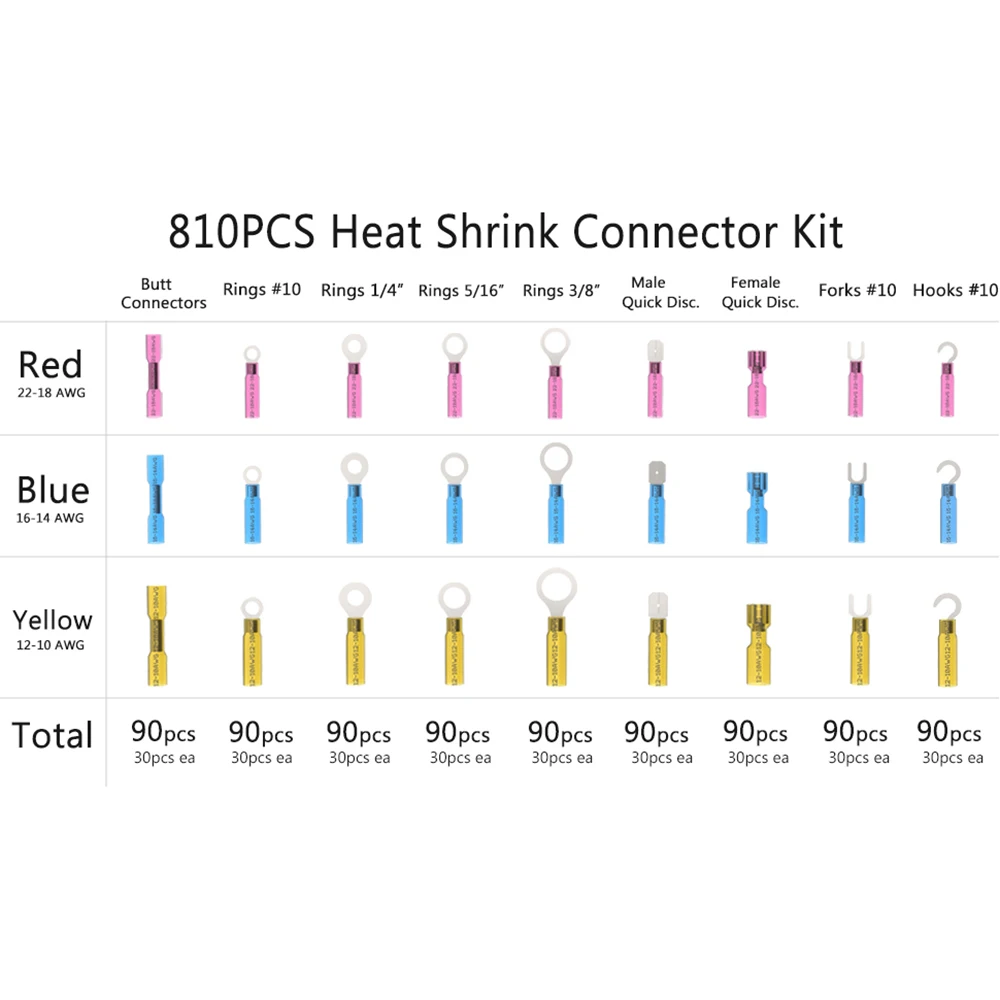 810PCS heat shrink wire connector crimping - insulated automotive wire terminal kit - ring fork hook shovel docking joint