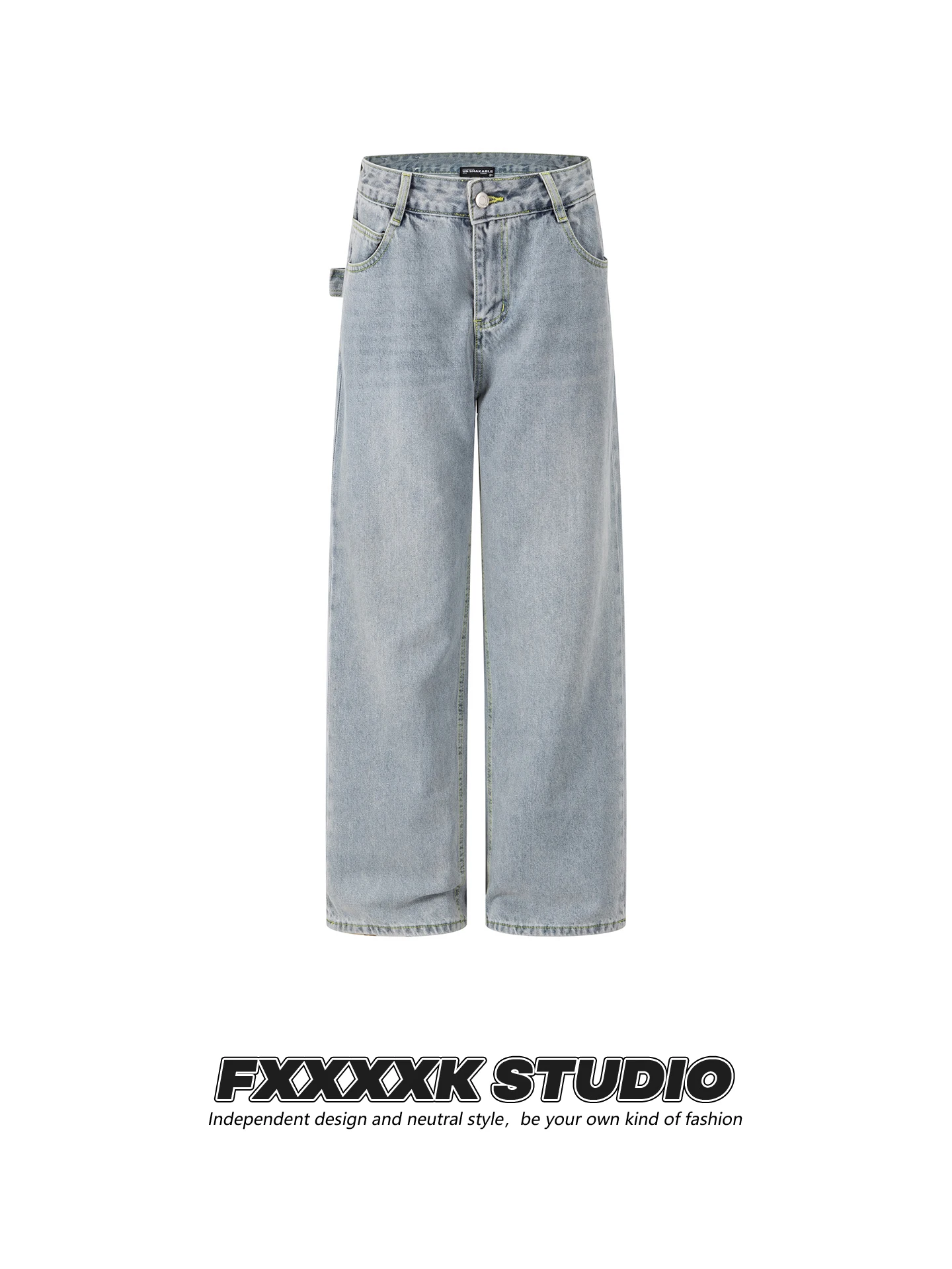 

FXK Original American Retro Waed Light Blue Men's Casual Straight Leg Jeans Loose Fit Daily Wear Cotton Polyester Blend