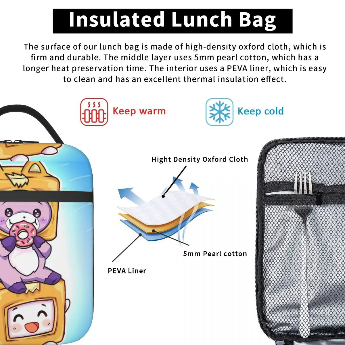 Sac à lunch isotherme Kawaii Fcedar Boxy, sac thermique Boîte à lunch Lankybox, fourre-tout haute capacité, poudres à bento, école