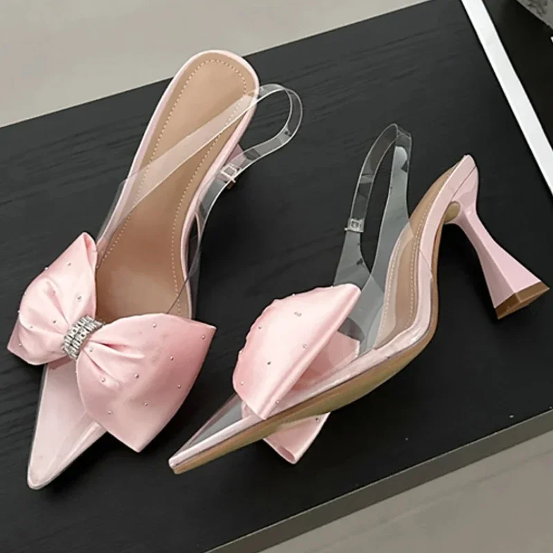 

2024 Sexy Bow Pointed Toe Women Shoes Baotou Fashion Rhinestone Bow Hollow Back Fine Heeled Sandals Fashion Wedding Women Shoes