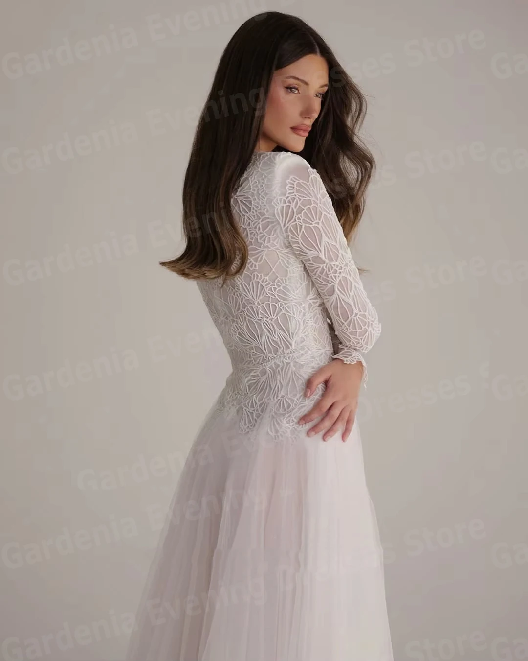 

Graceful A Line Women's Evening Dresses O Neck Long Sleeve Prom Gowns Vestidos Para Mujer Customized Lace Tulle Robe De Soirée