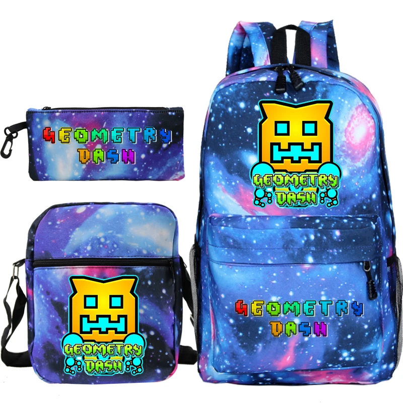 

3 pcs Set Angry Geometry Dash Print Backpack with Shoulder Bags Pencil Case Cartoon School Bags for Boys Girls School Bags Set