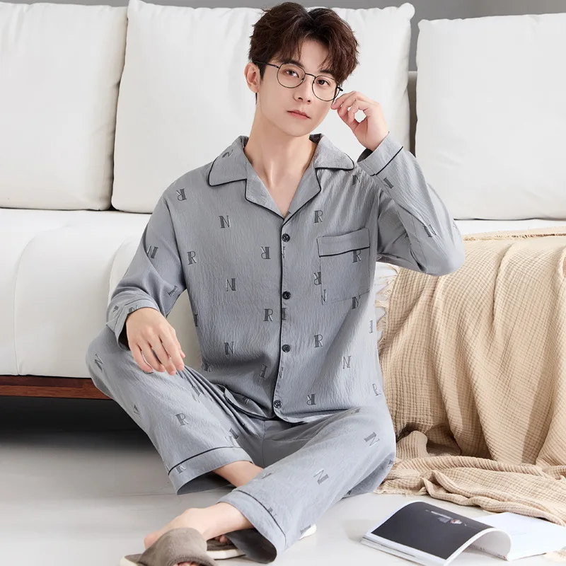 Korean-Style Men's Plus-Size Pyjama-Style Spring/Autumn Cloud-Cotton Long-Sleeved Set Premium-Quality Loungewear for Young Adult