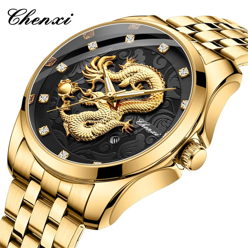 Chenxi 8220 Dragon Totem Embossed Calendar Waterproof Men's Chinese Style Wrist Watch Steel Band Business