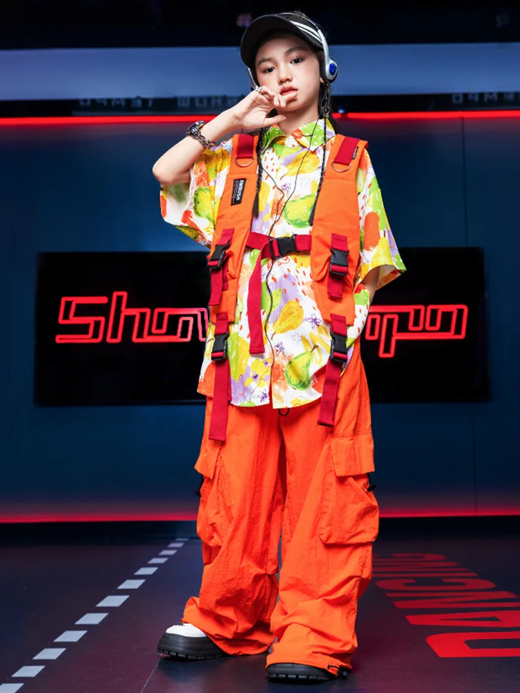 子供用KPOPヒップホップ服オレンジベストフルーツプリントシャツトップカジュアルパラシュートカーゴパンツ女の子男の子ジャズダンスコスチューム服