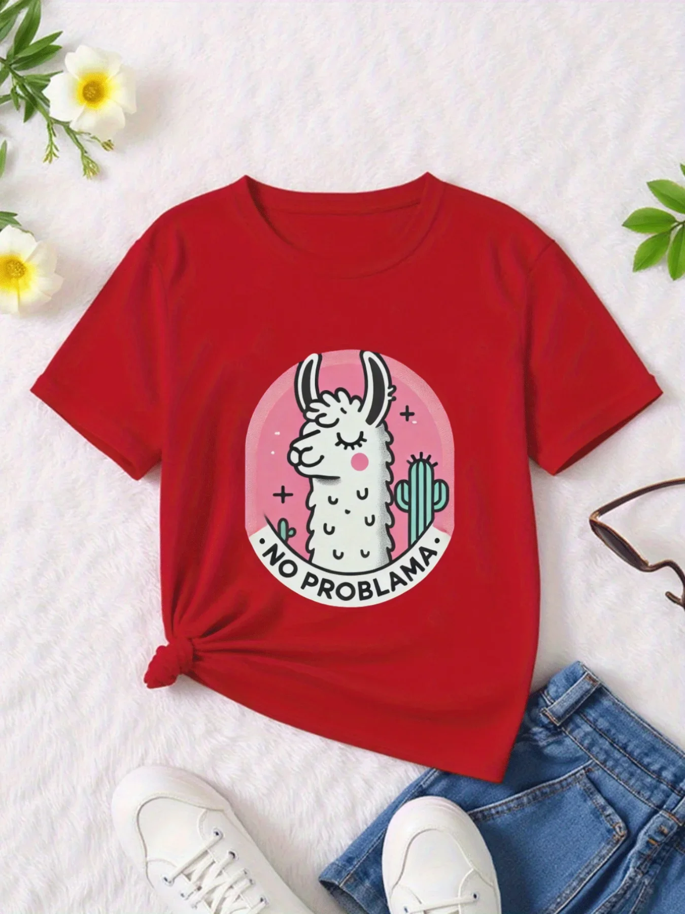 Boys Girls Crew Neck Tee Cute Winking Llama Cactus No Problama Funny Slogan Graphic Print Children Casual Short Sleeve T Shirt