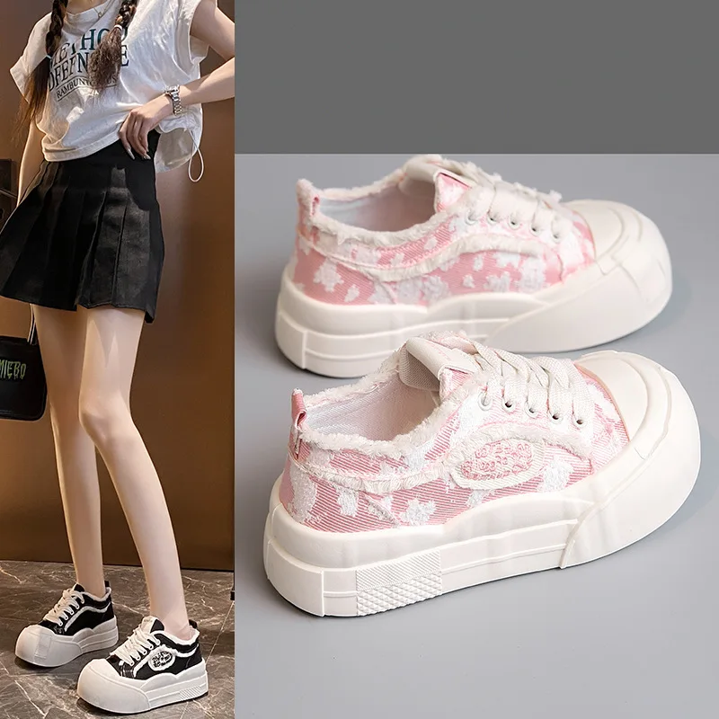 

Wide Feet Round Toe Canvas Loafers Women's Leisure Lace Up Sneakers Platform Blue Pink Plimsolls Shoes Student Running Shoes