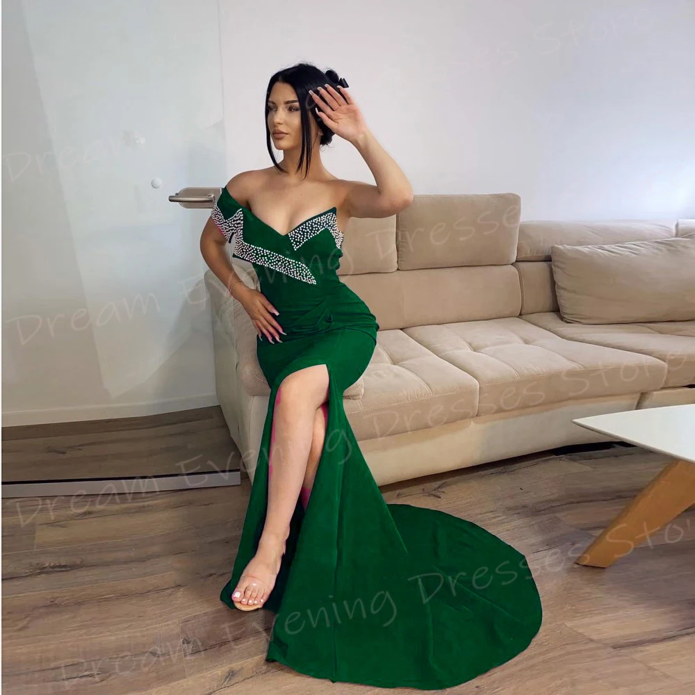 2024 Classic Popular Green women's Mermaid Charming Evening Dresses una spalla plissettata Prom Gowns Split Beaded Robe De Soiree