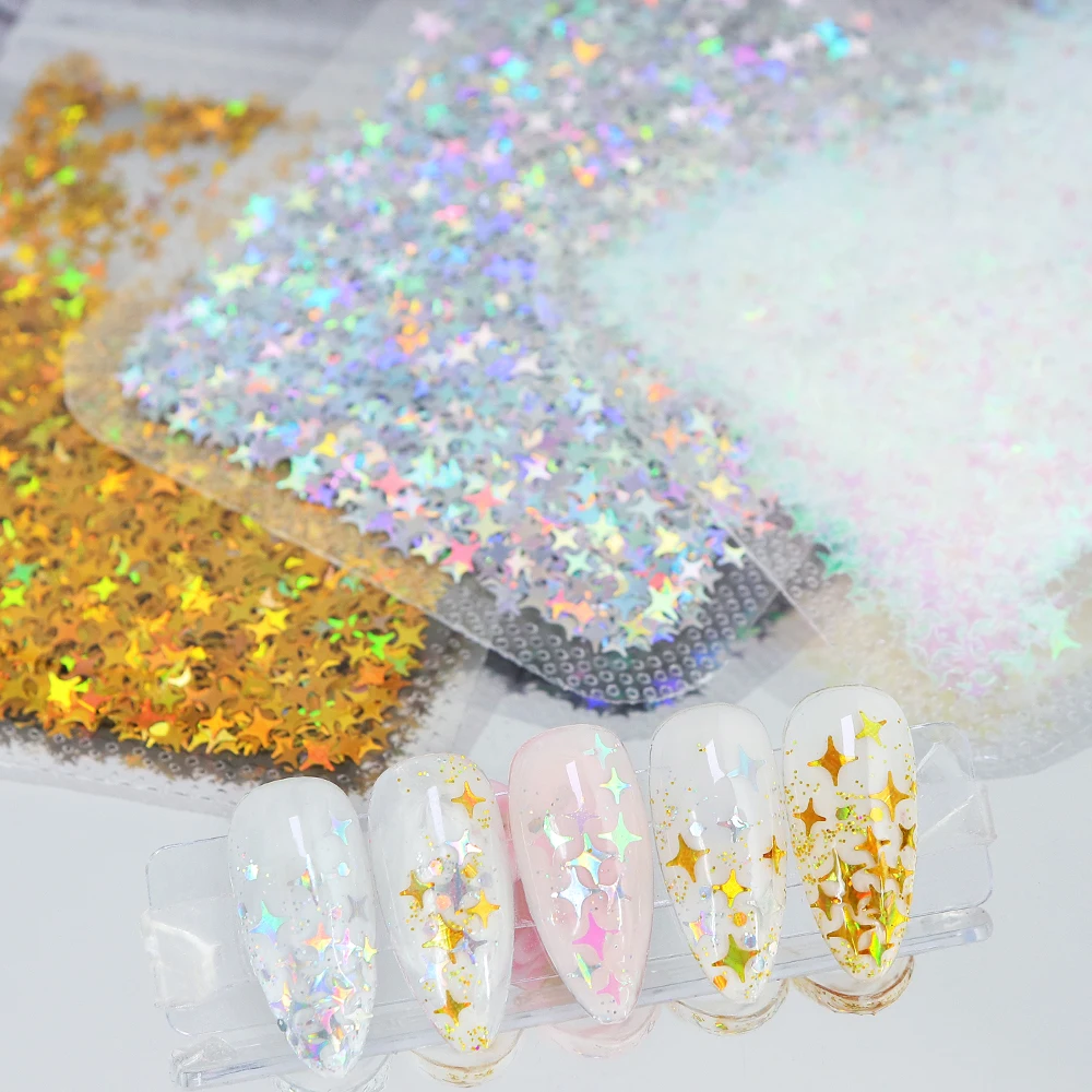 Holographic Four-pointed Star Sequins Nail Art Decoration Laser Shiny Starry Paillettes For Nail Design Gel Manicure Accessories