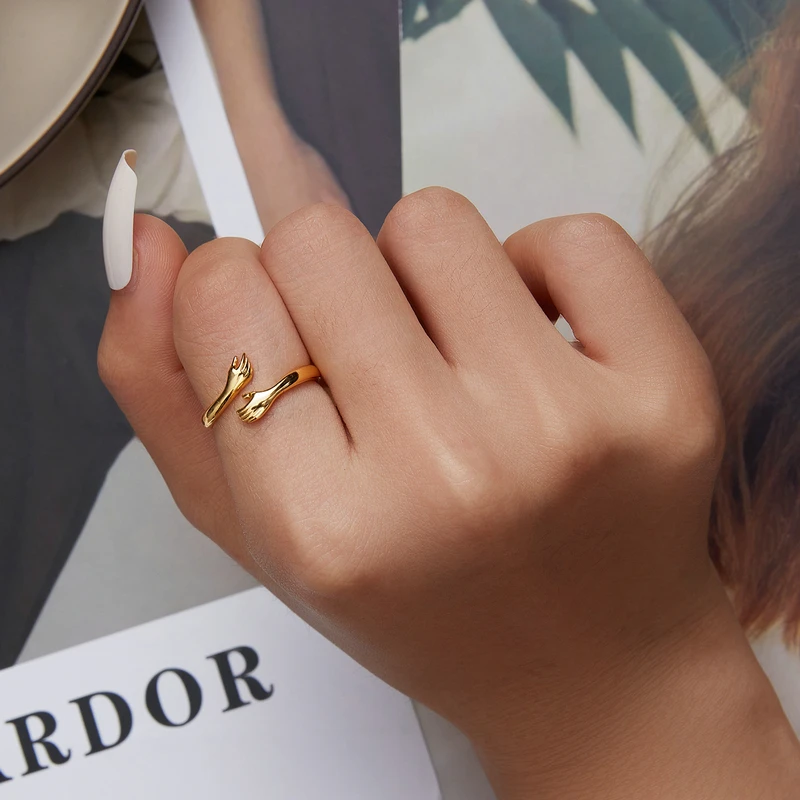 BAMOER 925 Sterling Silver Hug Open Ring Warm Love Hand Adjustable Glossy Ring for Women, His Big Loving Family Party Gift