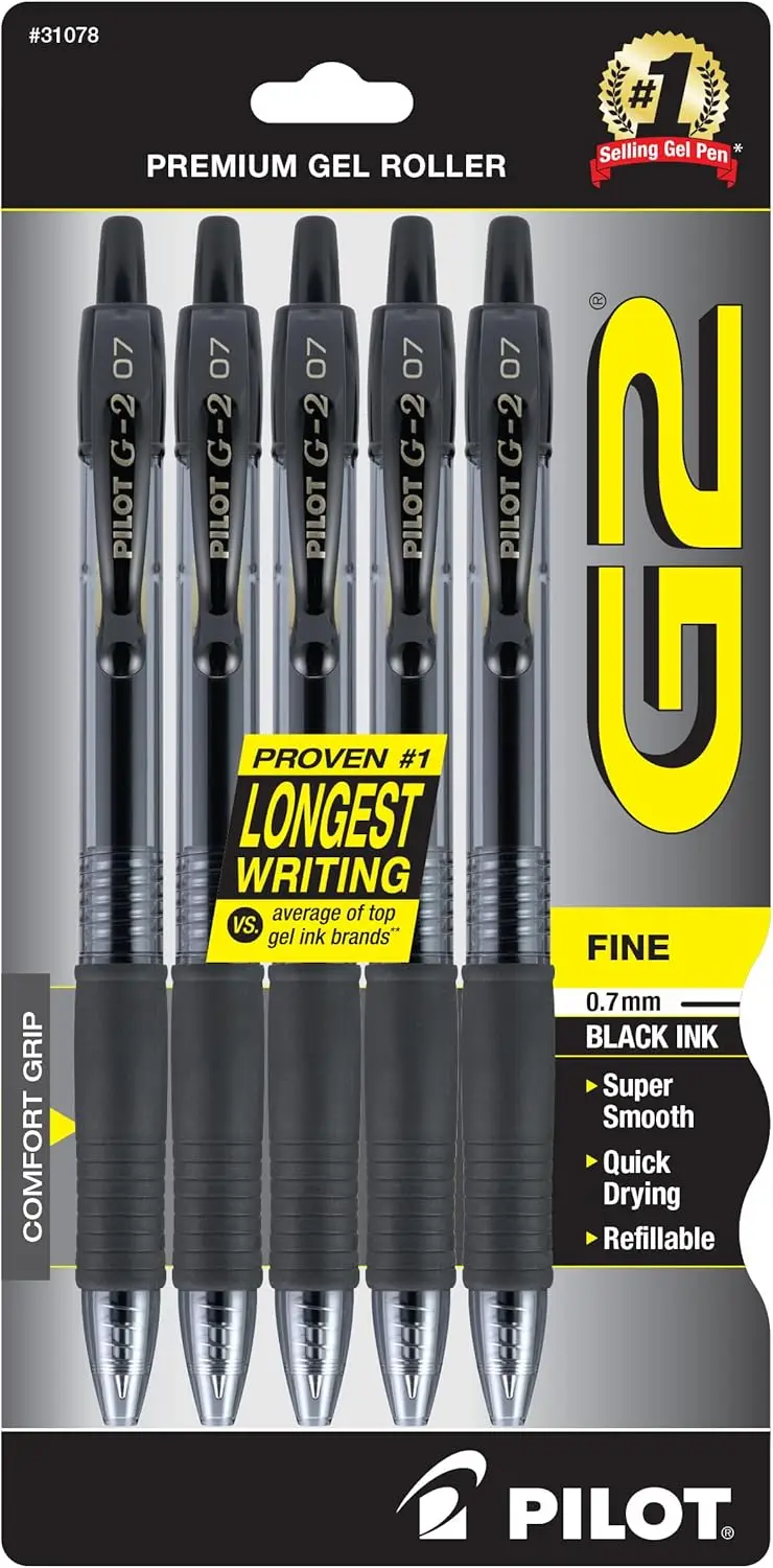 

Premium Retractable Gel Pens, Fine Point 0.7mm Black Ink, 5-Pack - Smooth Writing, Refillable, Quick-Drying, Ergonomic Grip
