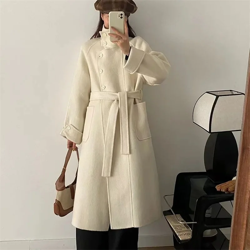 2025 Winter Jacket Women Long Double-Faced 100% Wool Women's Cashmere Coat Single Breasted Stand Collar With Belt Trendy Coat