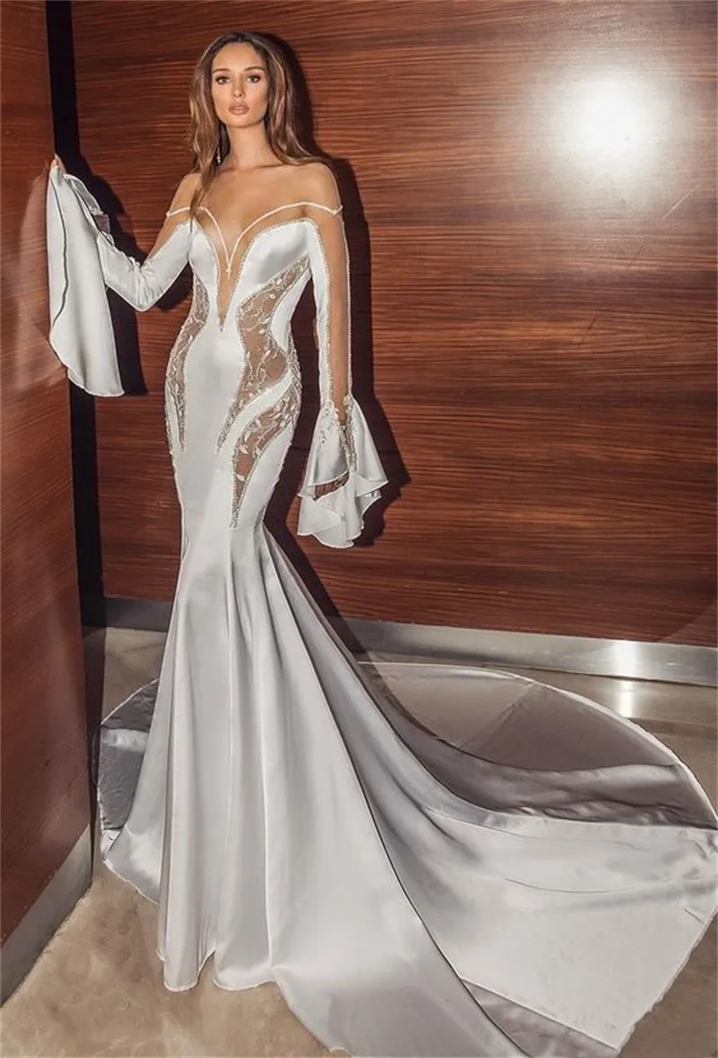 Chic Mermaid Wedding Dress Sheer Neck Full Flare Sleeves Lace Satin Bridal Gown Custom Made Church Zipper Back Robe de mariée