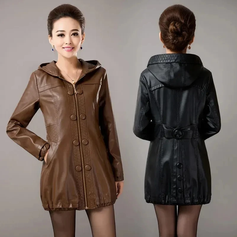 2023 Autumn/Winter Middle Aged Female Leather Jacket Faux Leather Coat New Women Medium length Loose Hooded Leather Windbreaker