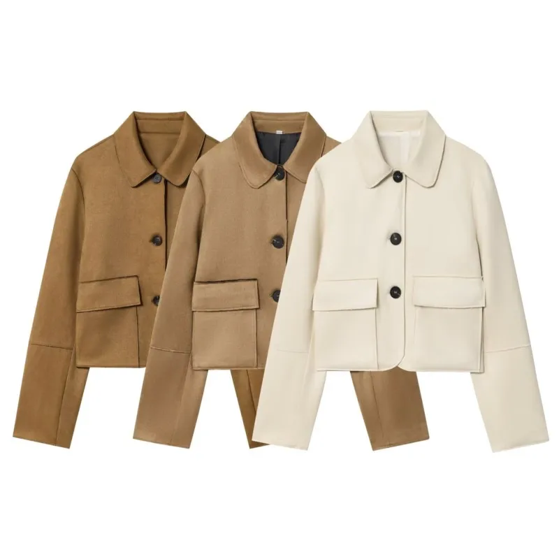 

Women Suede Cropped Jacket with Pocket Autumn Fashion Lapel Collar Button Long Sleeve Causal Women's Coat Female Chic Tops