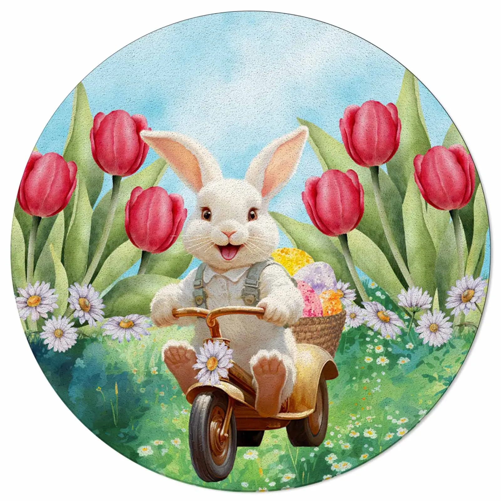 Easter Cute Rabbit And Daisy Round Area Rug Carpets For Living Room Large Mat Home Bedroom Kid Room Decoration