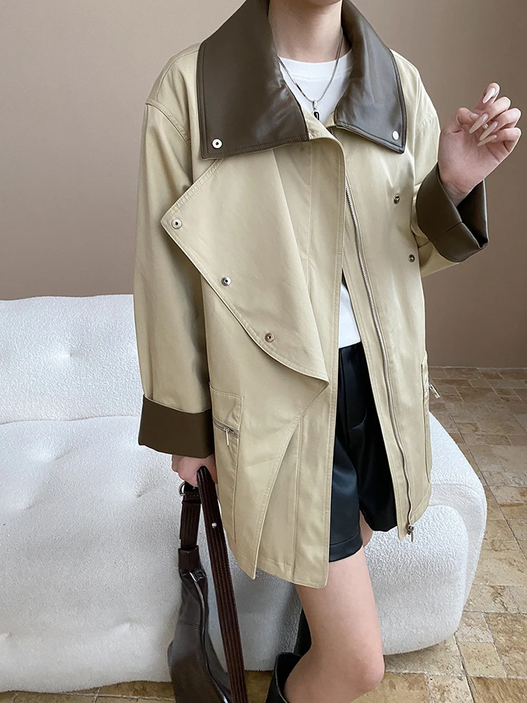 Płaszcz damski FANAN, designerski trencz z kieszeniami na plecach, paskiem, marszczeniem w talii, kontrastowymi wstawkami, dopasowany krój, wiatroodporny, nowość na jesień 2025.