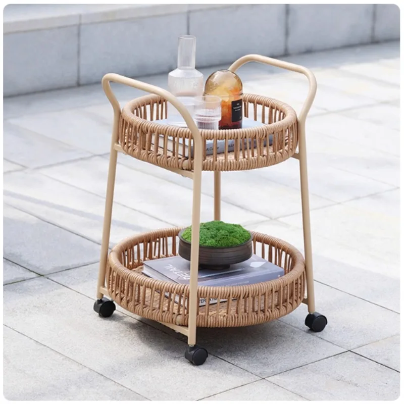 

All-weather 2-story modern wicker storage cart 4 wheels - hotel family bar patio bedroom living with durable outdoor furniture