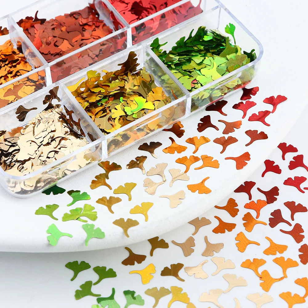 -Autumn Ginkgo- Leaf Shaped Nail Adorn Sequins 6colors Combo Box Holographic Gingko Leaves Flakes UV Gel Glitters Decoration 404