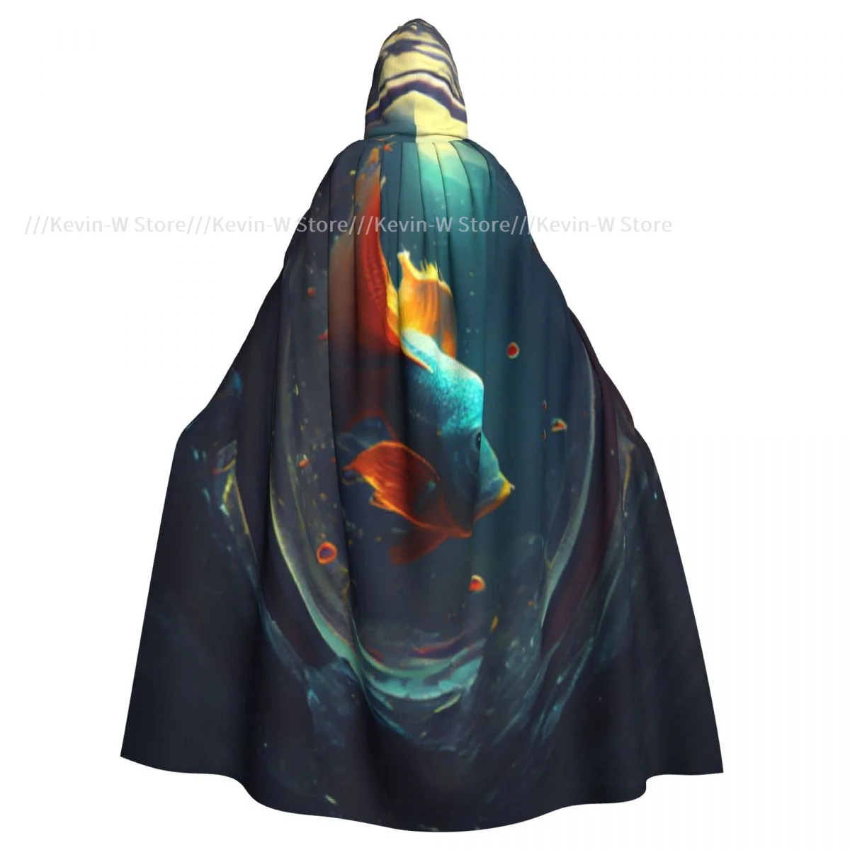 Unisex Witch Party Reversible Hooded Adult Vampires Cape Cloak Goldfish Swimming In Water Tunnel