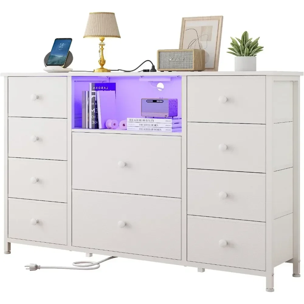 Dresser with Charging Station and LED Lights, Long Dresser for Bedroom Dresser TV Stand with 10 Drawers, Fabric Chest of Drawers