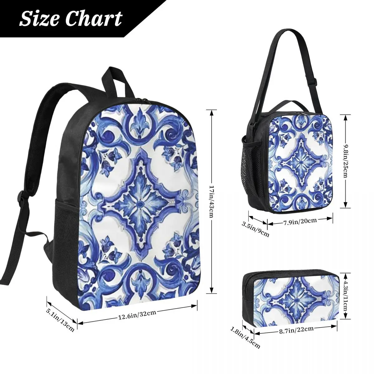 Blue Ornate Floral Mediterranean Sicilian Tile Backpack BookBag School Bag Shoulder Bags 3ps Insulated Lunch Bag Pencil Case