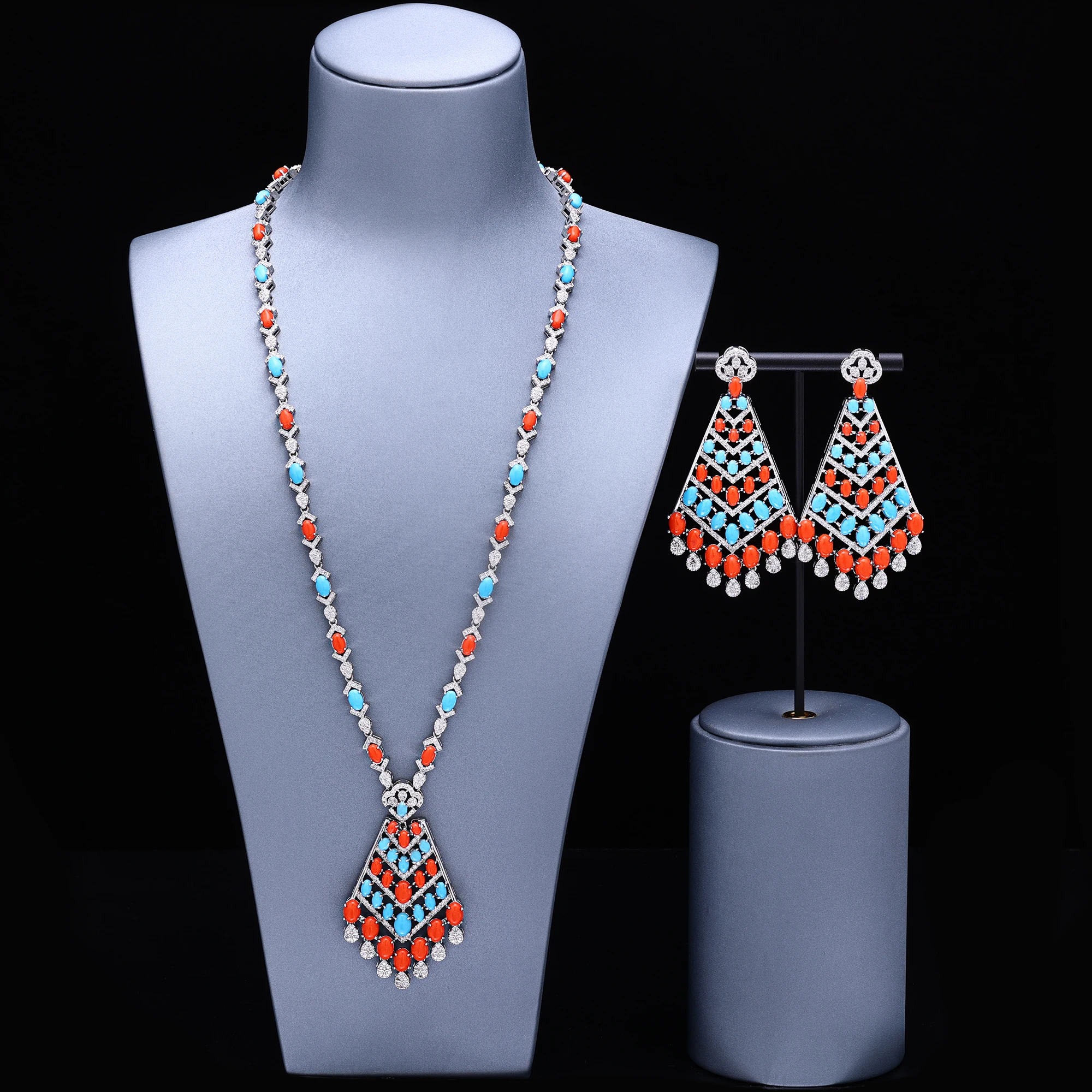 

Luxury Turquoise Cubic Zircon Dubai Bridal Jewelry Sets Nigerian Long Chain Sweater Necklace Earring 2pcs Set