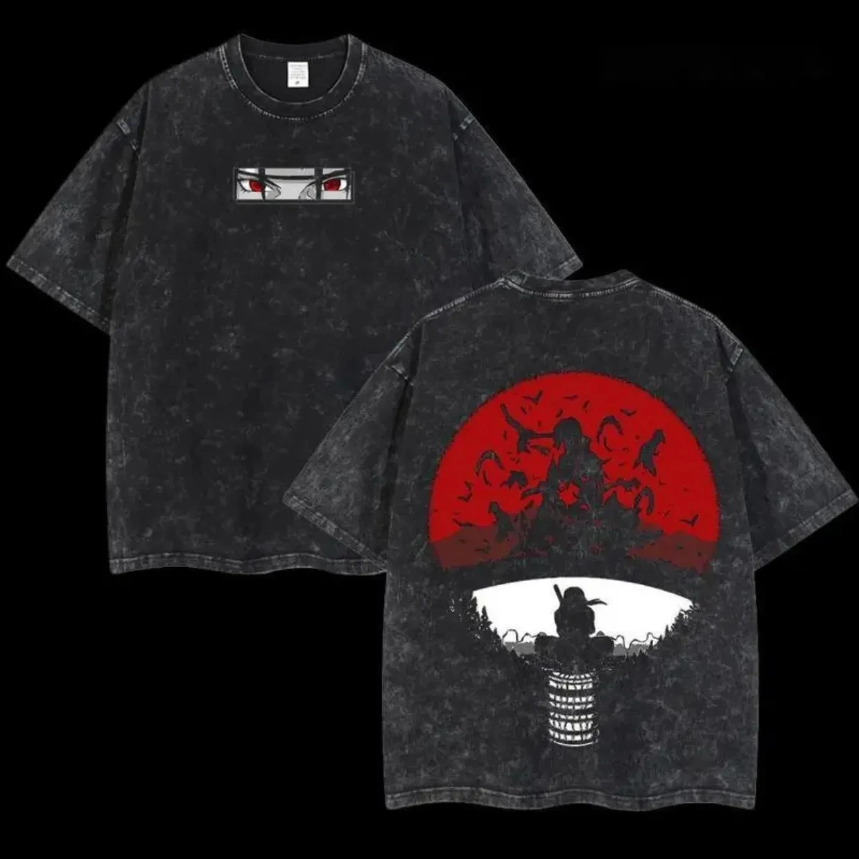 Itachi T-Shirt Naruto Herren Acid Wash Rückendruck Blutmond Anime Grafik Baumwolle Streetwear Uchiha Clan Vintage Bootleg Tee