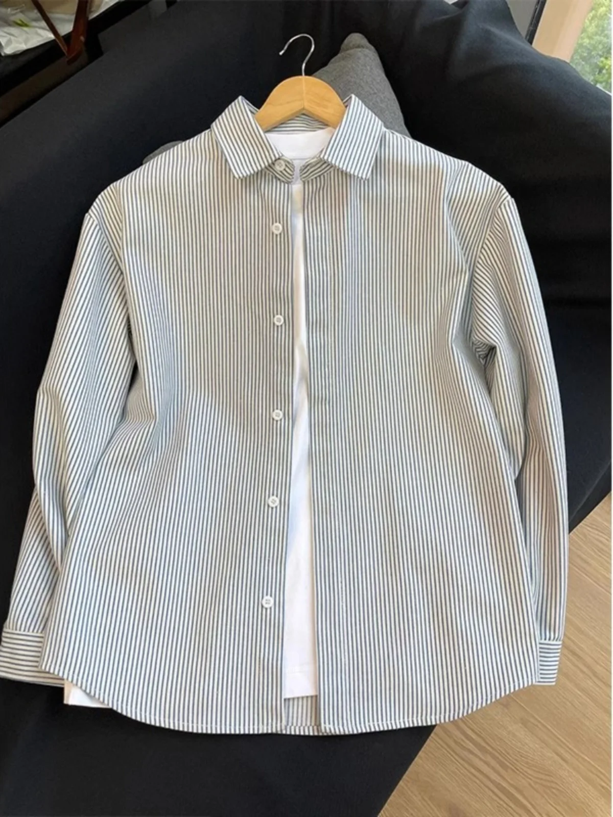 

Blue Striped Men's irt Loose Long Sve Vintage American Sle Spring Faion Brand Cool Long Coat Youth Casual Cotton