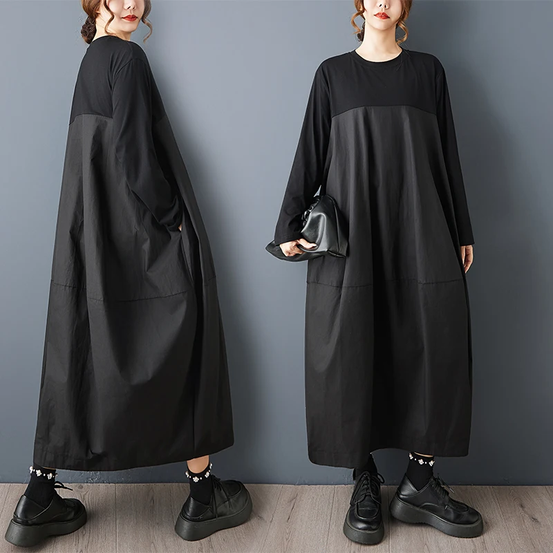 

Spring New Vintage Bla Long Sve Dr Loose Fit Inner Wear Breathable Straight Hem round Ne Women's Faion Casual Dr