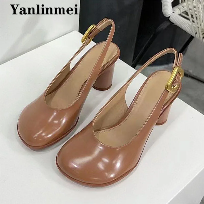 

Luxury Genuine Leather High Heels Shoes Women Round Toe Buckle Strap Slingbacks Summer Pumps Round Heels Runway Sandals Woman