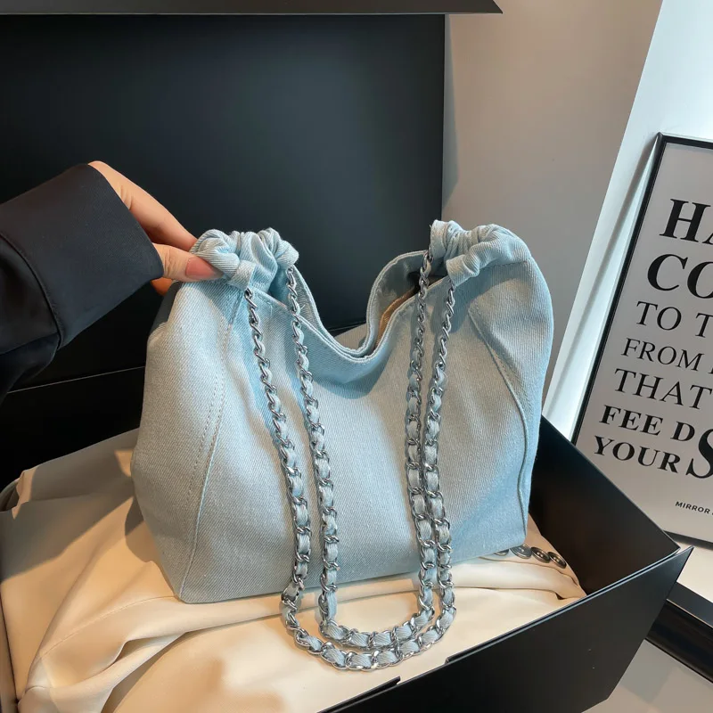 

Big Tote Bag for Women Chain Crossbody Bag Deisgner Retro Denim Shoulder Bag Female Large Cloth Shopper Handbags Underarm Purse