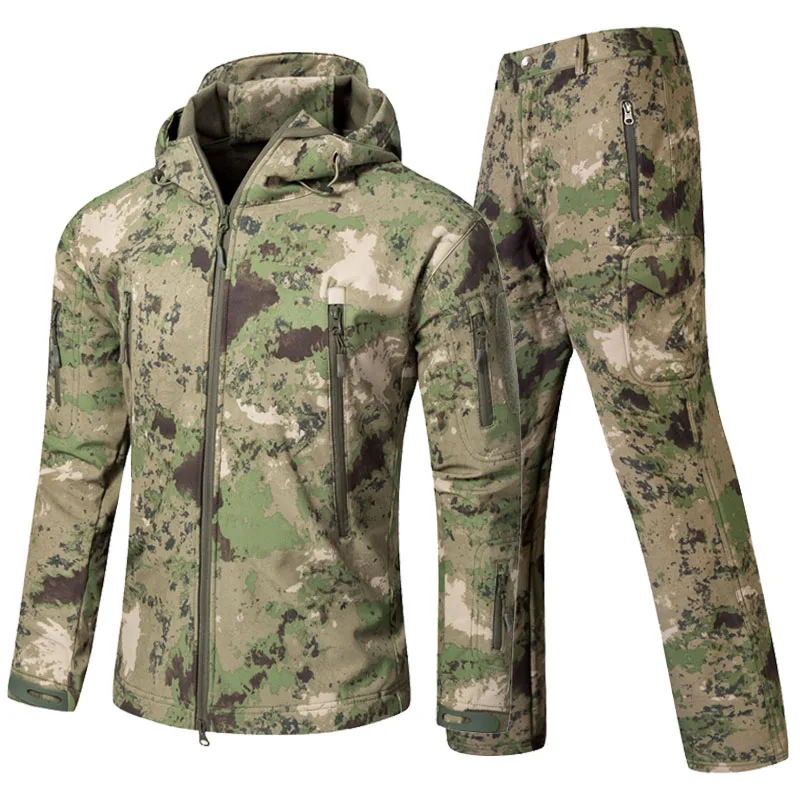 Jaqueta tática impermeável do exército e calças de carga para homens, roupas de lã, capa macia, bolso múltiplo, pele de tubarão, inverno, 2 peças