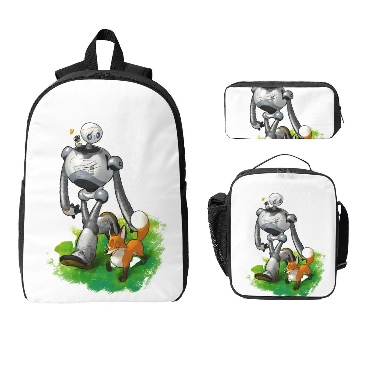 

Ask Me And New Friends The Wild Robot Backpack BookBag School Bag Laptop Shoulder Bags 3ps Insulated Lunch Bag Pencil Case
