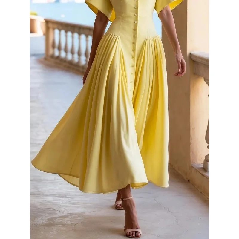 Geel Turn Down Kraag Jurk voor Vrouwen 2025, Korte Mouw Button Down Eenvoudige Officewear Max Jurken Vrouw Kleding 180596