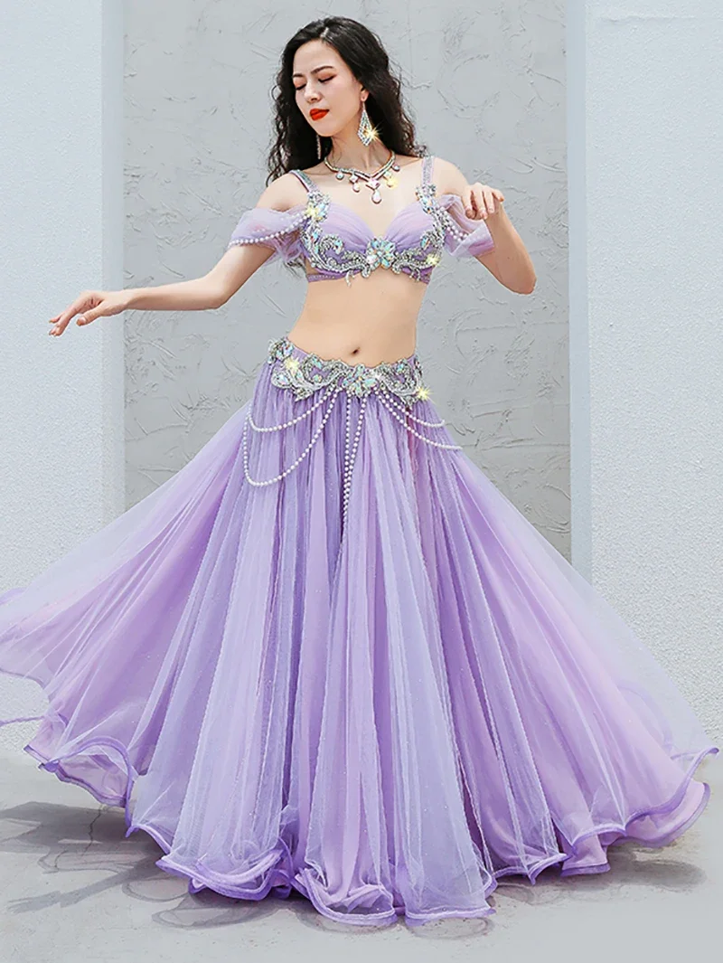 Adult Women Belly Dance Costume Sexy Mesh Flowing Performance Bra Skirt Suit Popsong Opening Dancewear Competition Clothing