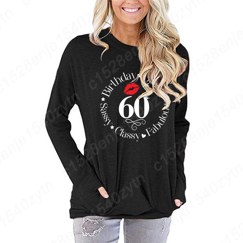 

Women's Long Sleeve Round Neck Casual Blouse With Pocket Fashion 60 Birthday Queen Graphic Solid Color Pullover Tunic Sweatshirt