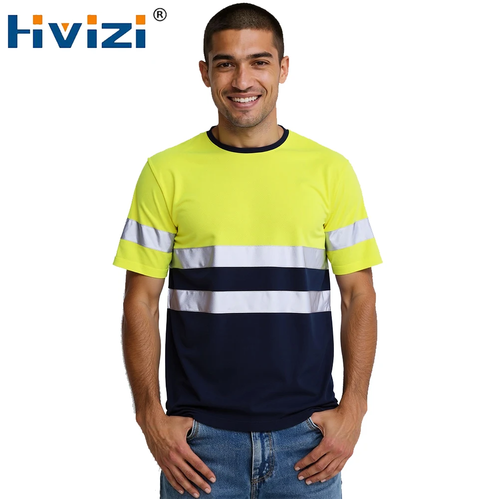 

Summer Work Shirt Man O-neck Construction Working Shirts with Strips Road Workwear Shirt Man