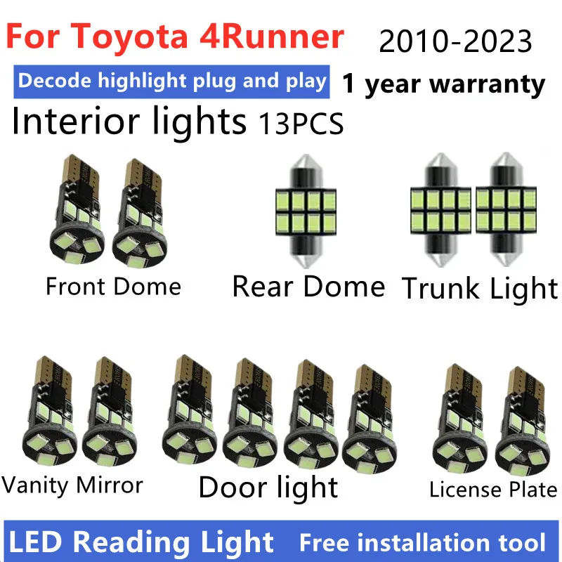 13PCS For Toyota 4Runner MK5 2010-2017 2018 2019 2020 21 22 2023 LED Interior Light Bulb Kit Car Reading Dome Trunk Vehicle Lamp