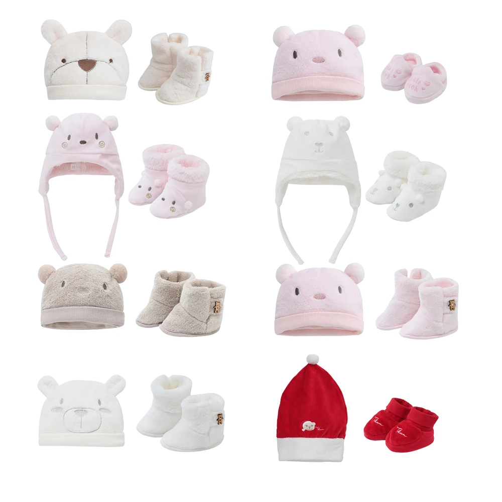 Winter 2 Pcs Newborn Baby Hats Socks Velour Fabric Cartoon Hat Socks Warm New Born Gift for Girls Boys Cap Infant  Accessories