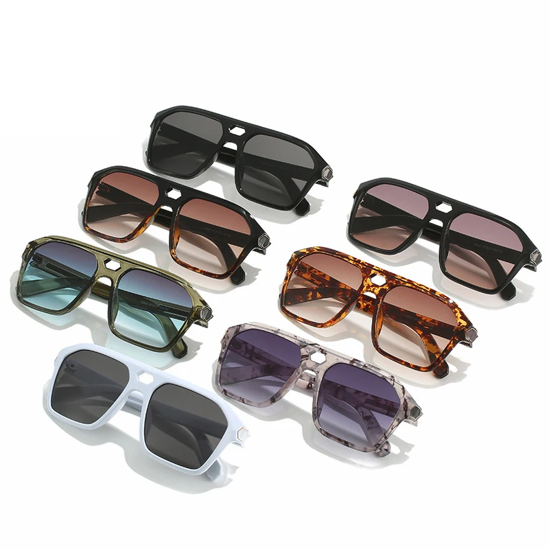Vintage Leopard Square Sunglasses Women Brand Rectangle Double Bridge Frame Rivets Sun Glasses Men Shades Eyewear Female UV400