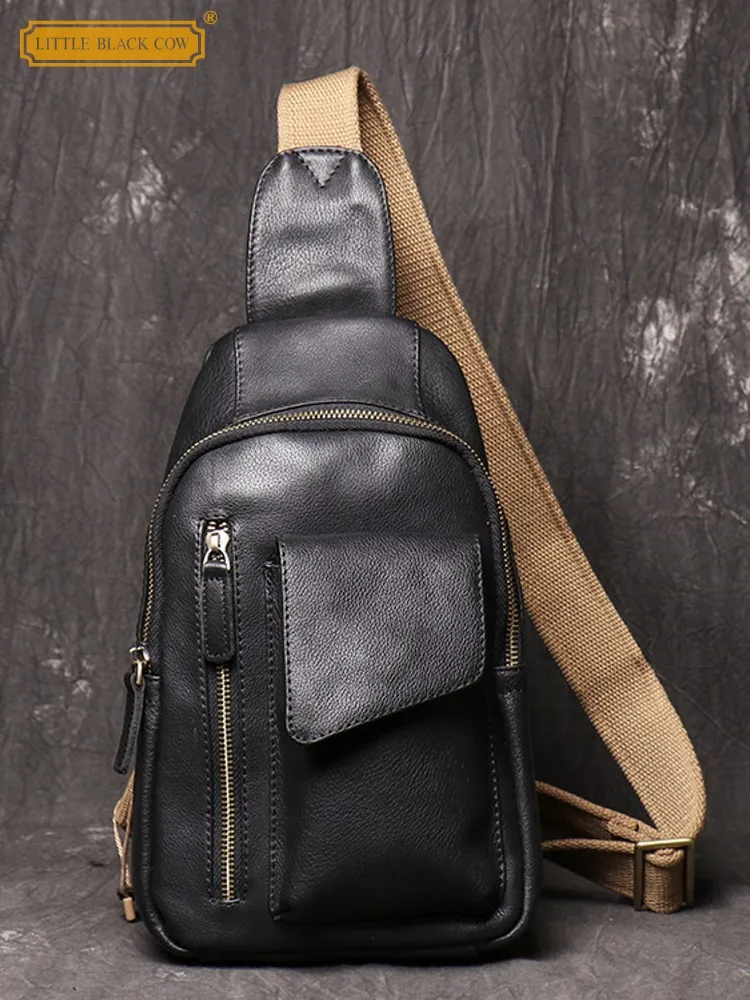 

Men Black Durable Cowhide Genuine Leather Chest Bag Retro Fashion Multi Pockets Travel Bags Strap Sling Crossbody Shoulder Bag