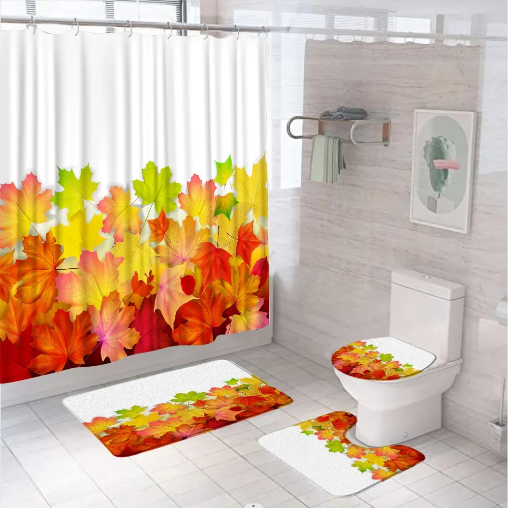 Autumn Maple Leaves Shower Curtain Sets Non-Slip Rug Bath Mat Toilet Cover Thanksgiving Harvest Pumpkin Bathroom Decor Curtains