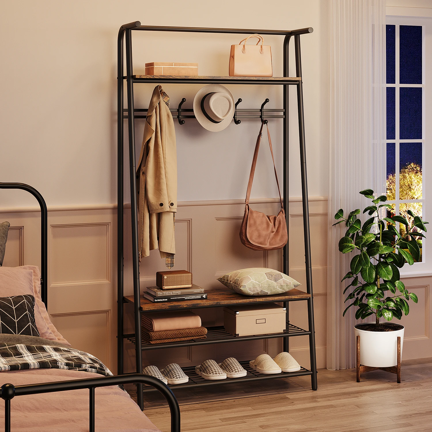 Coat Rack Shoe Bench, 4-in-1 Hall Trees Entryway Bench with Coat Rack and Shoe Rack, Steel Frame Storage Shelf and Hanging Bar