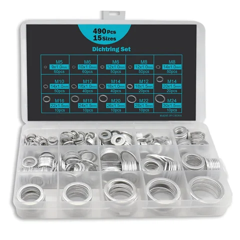490 pezzi guarnizioni tappo scarico olio automobilistico, guarnizioni piatte in alluminio rondelle guarnizione assortita kit rondella di tenuta in metallo, M5 - M24