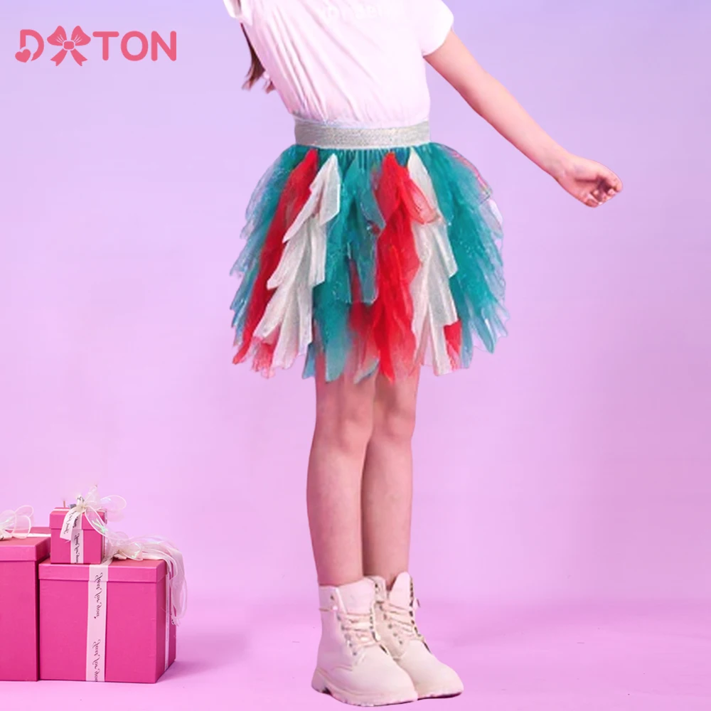 

DXTON Children Christmas Petiskirt Colorful Tulle Patchwork Princess Xmas Skirts Irregular Mesh Kids Girls Holiday Ballet Skirt